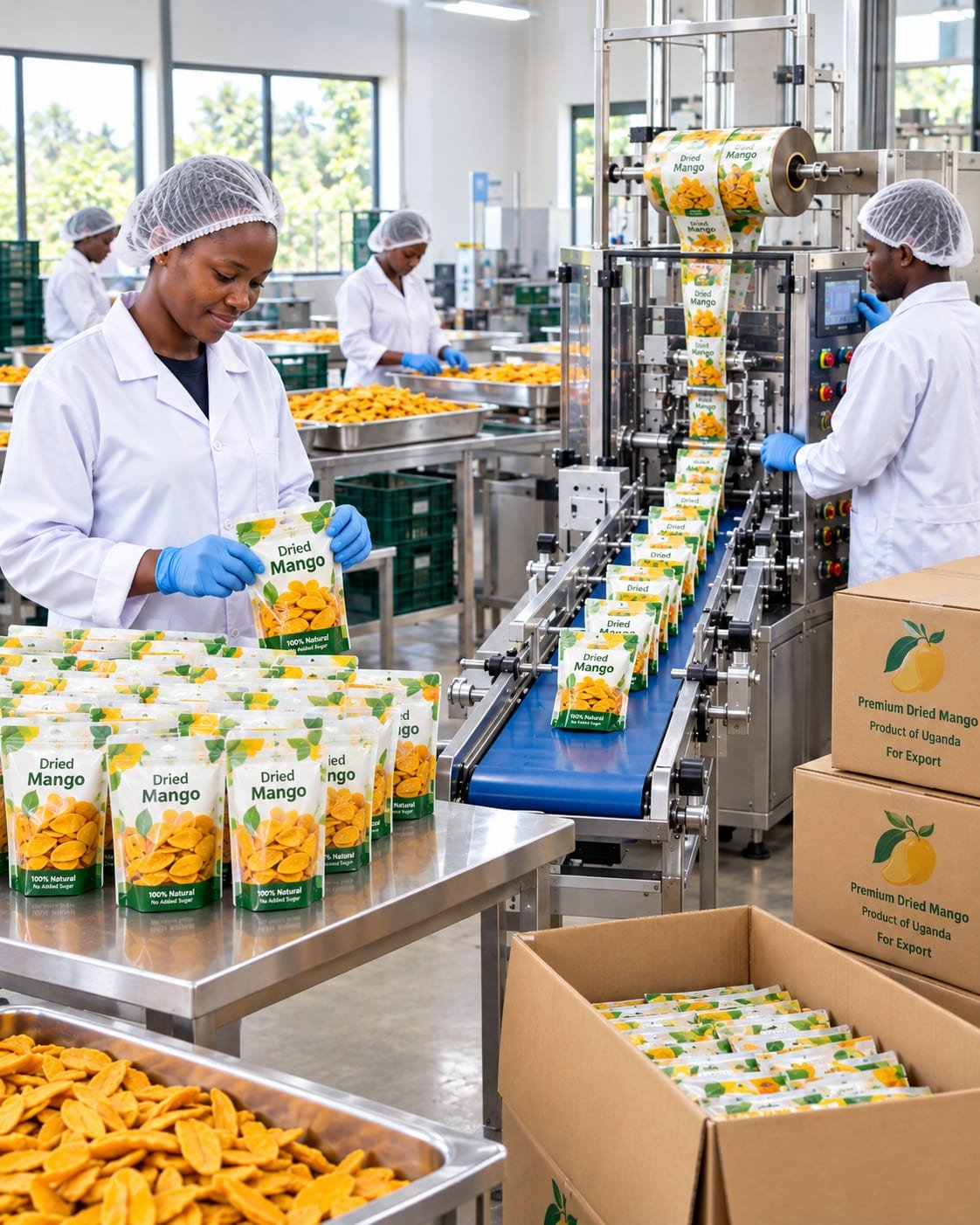 Workers packaging dried mango on a production line in a modern facility